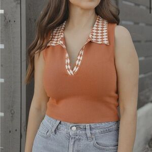 Sage The Label XS Rust Sleeveless Knit Polo Crop Top with Collar